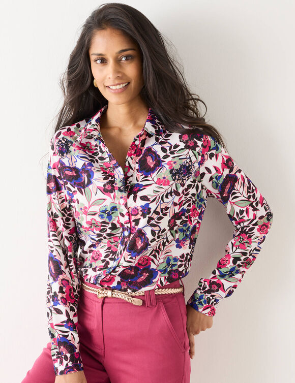 Chemisier boutonné imprimé fleurs (écru / rose) Chemisier boutonné imprimé fleurs (écru / rose)